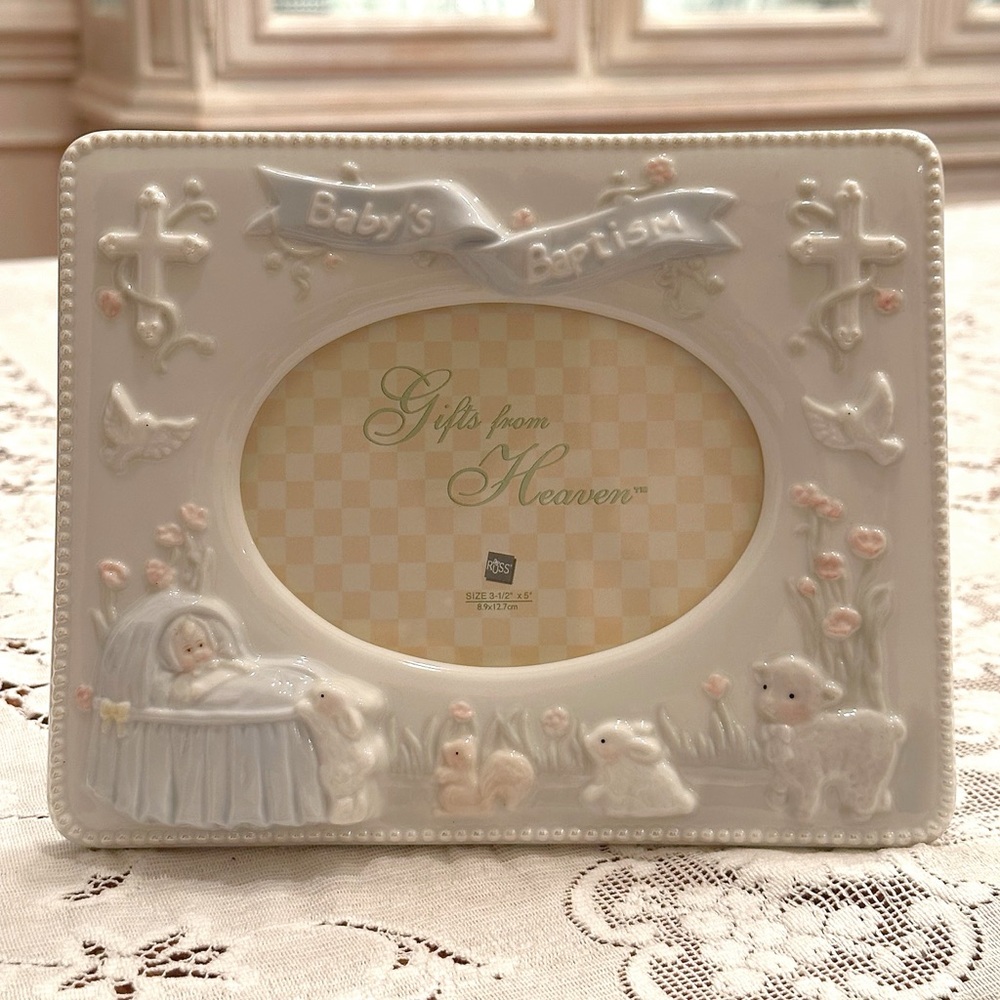 Vintage Porcelain Keepsake 3.5”x5” Picture Frame “Baby’s Baptism” by Russ